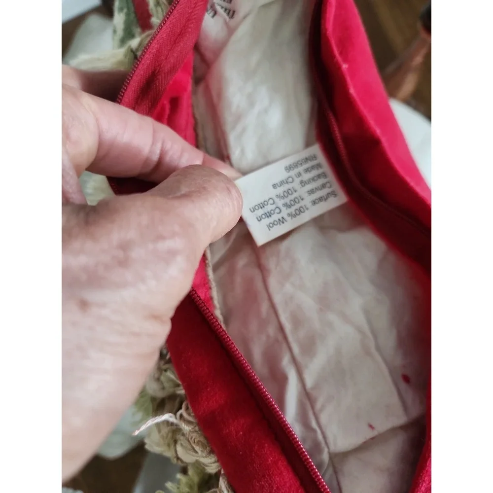 Beige Red Sage Green Tapestry Needlepoint Throw Pillow 12x12 Zipper Tassel Trim